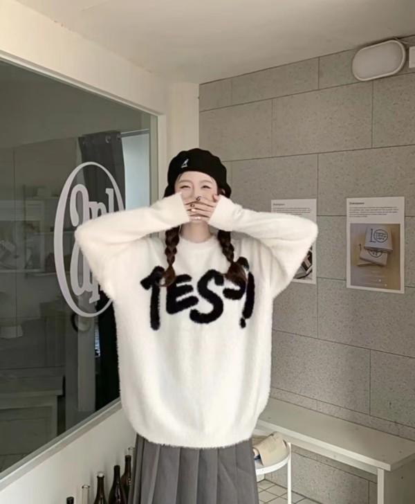 美式復古慵懶風仿水貂絨毛衣女秋冬奶fufu套頭針織衫加厚寬鬆上衣