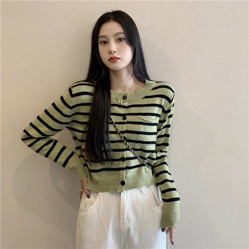 實拍 綠色條紋針織開衫女慵懶風長袖復古短款毛衣外套上衣