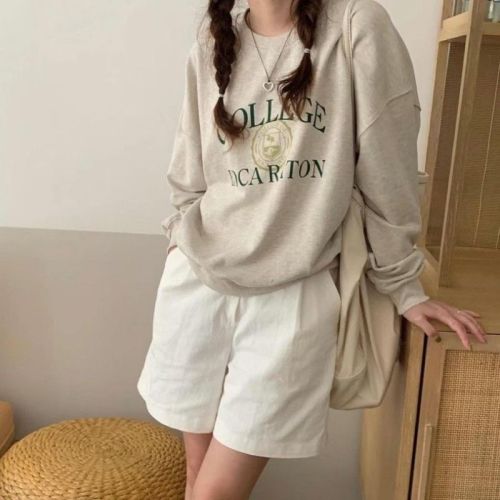 Velvet hooded round neck gray sweatshirt for women in spring and autumn Korean style lazy oversize top for small people
