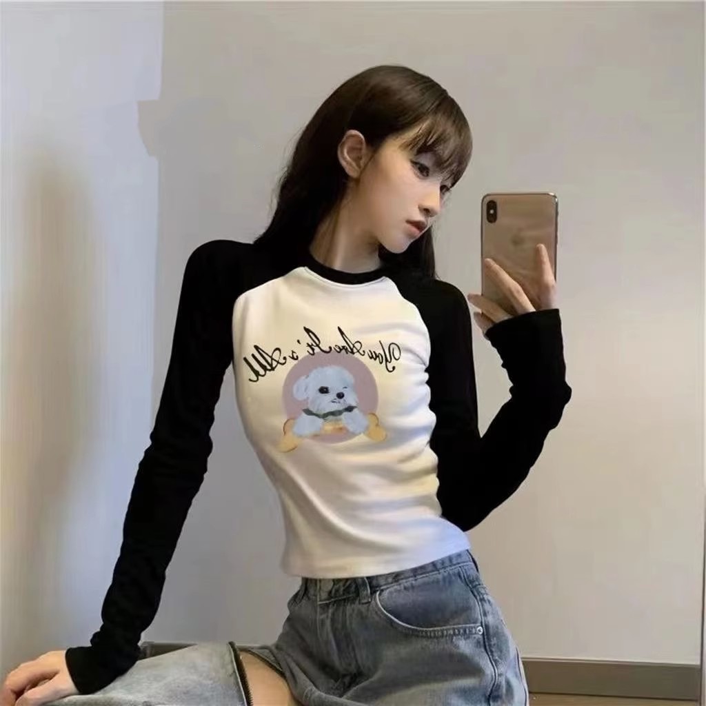 小狗新款美式緊身純棉T恤女長袖修身顯瘦打底衫甜辣短款bm風上衣