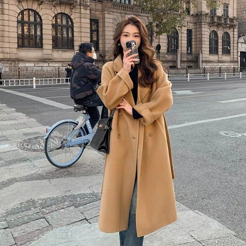 Woolen coat for women Maillard high-end fashion new double-breasted design autumn and winter woolen coat mid-length