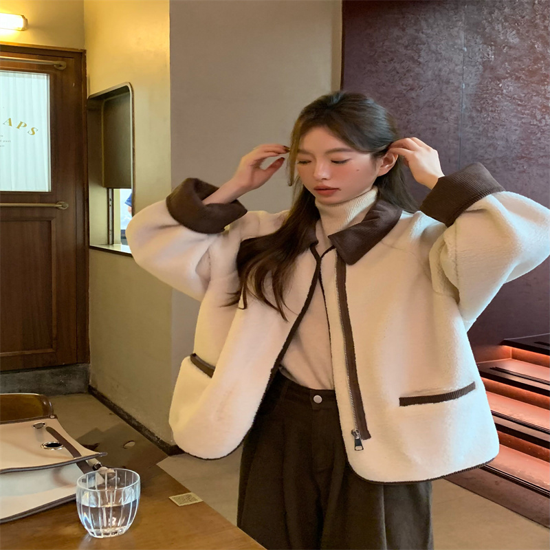 韓版翻領寬鬆燈芯絨領羊羔毛外套女秋冬美拉德撞色拉鏈休閒上衣