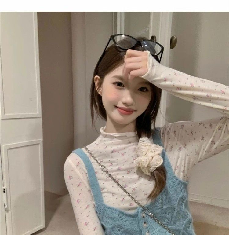 240g threaded German velvet Japanese floral long-sleeved T-shirt for women in autumn and winter slim half turtleneck bottoming shirt with top