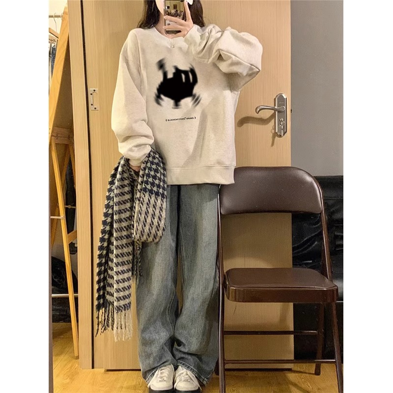Thin Chinese cotton milk silk plus velvet Chinese cotton silver fox velvet round neck printed sweatshirt for women couple quality