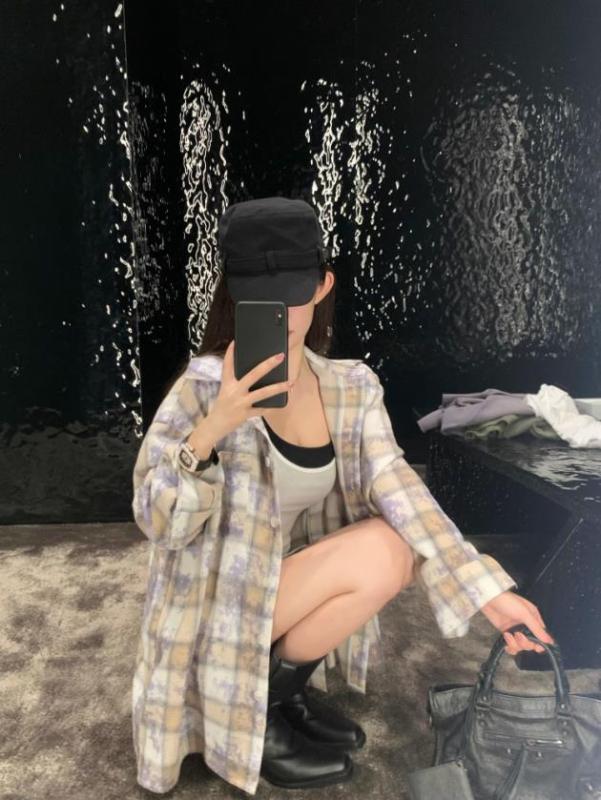 Wuuus去有風的地方潑墨感 紫色扎染格子襯衫女秋新款格紋上衣