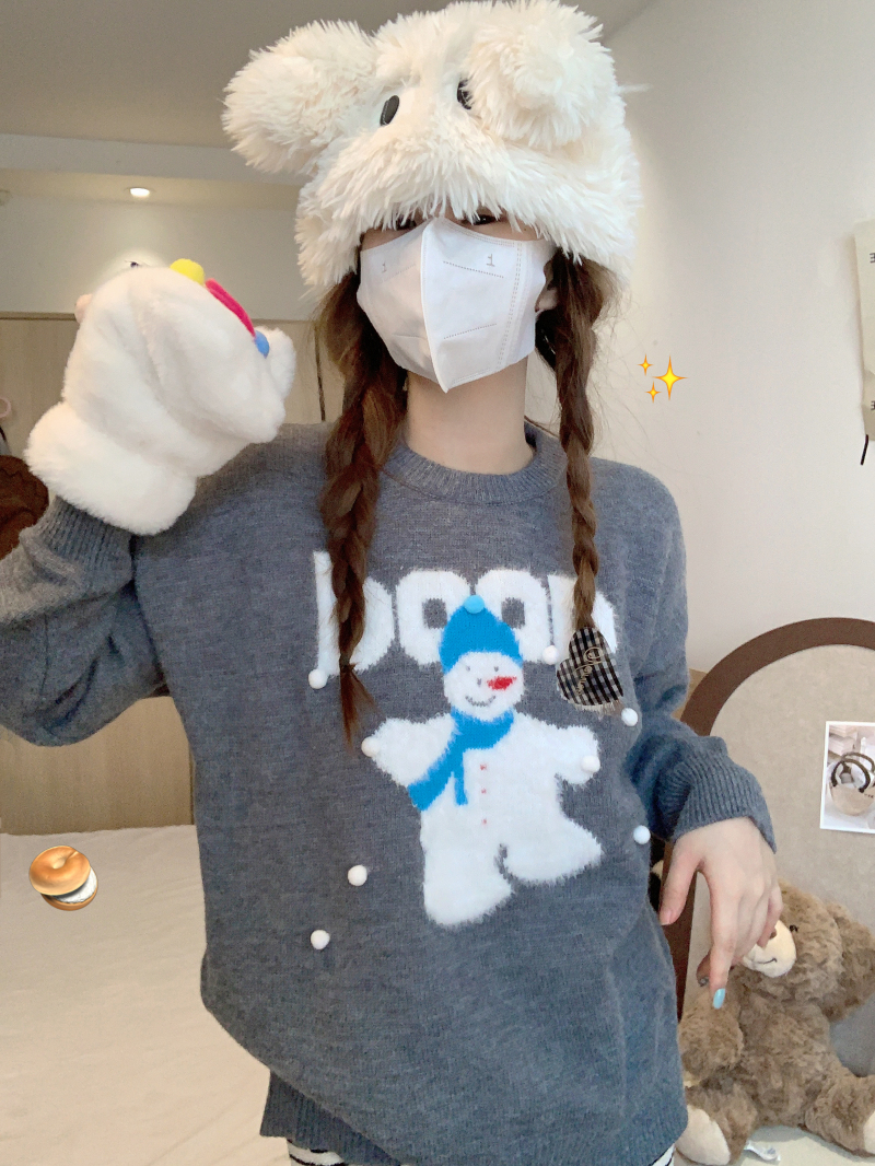 實拍 日系復古可愛卡通雪人毛衣女高級設計感圓領軟糯上衣