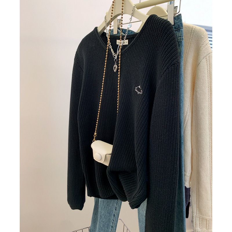黑色v領刺繡套頭毛衣女秋冬冬季新品加厚中長款慵懶風針織衫上衣