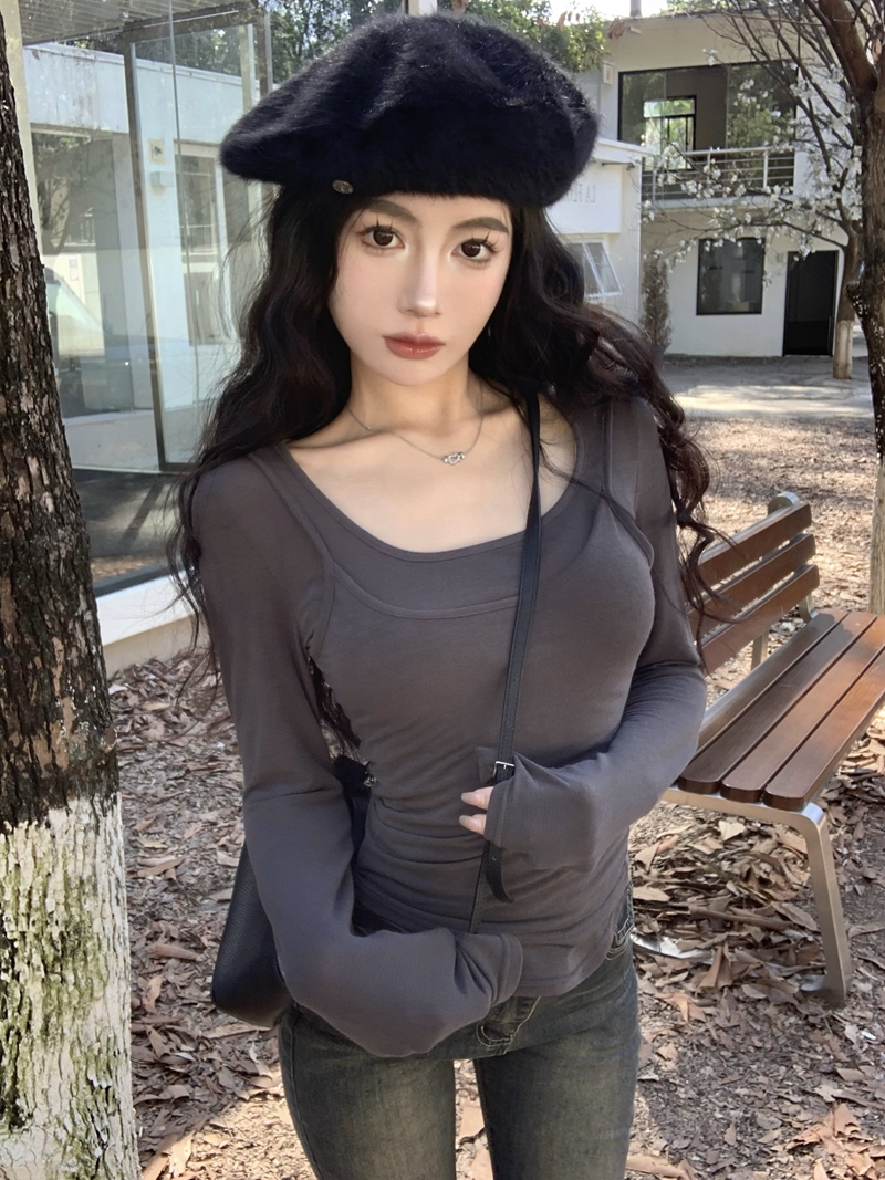 實拍秋冬純欲辣妹風吊帶背心+U領長袖T恤兩件套內搭打底上衣