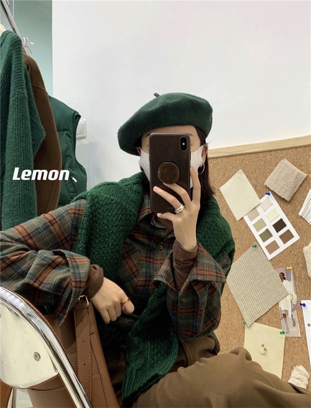 The lemon2024春秋新款韓版ins磨毛加厚翻領格子復古長袖襯衫女
