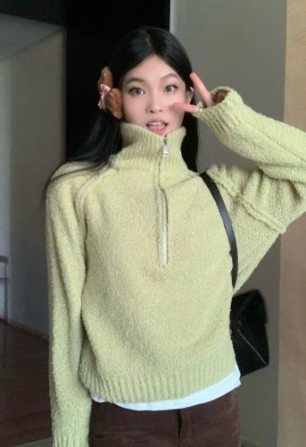 Actual shot~Loose and lazy style pullover lapel sweater zippered long-sleeved thickened sweater jacket