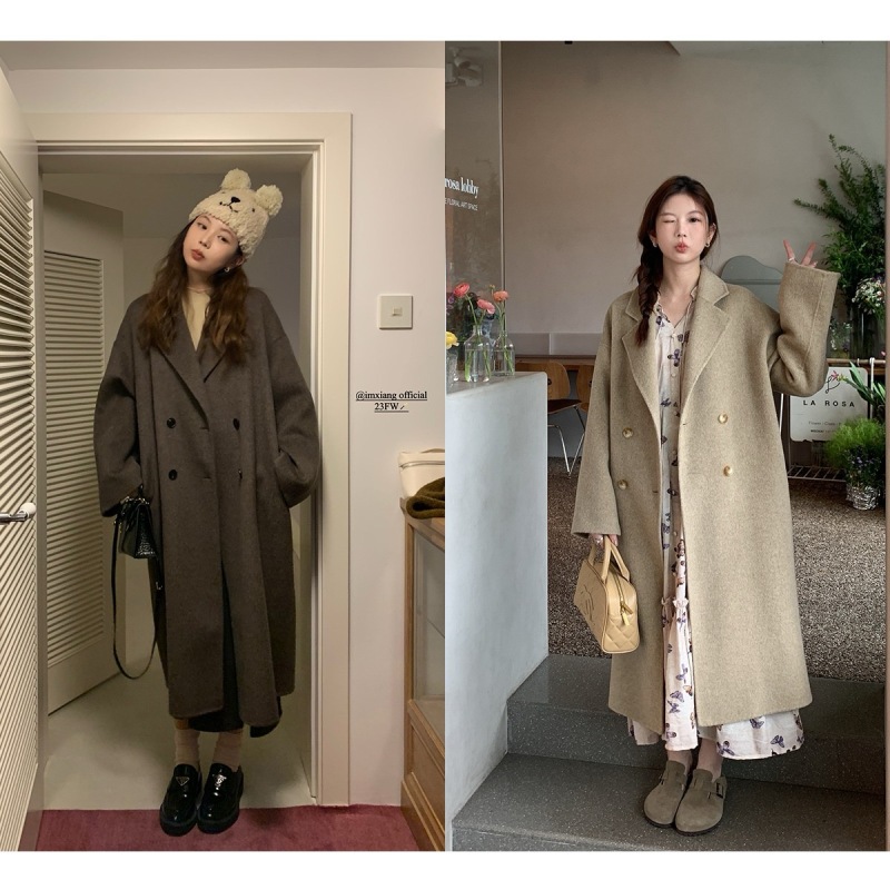 imxiang Milan girl Korean four-button long double-sided woolen coat for women winter symmetrical pocket wool coat