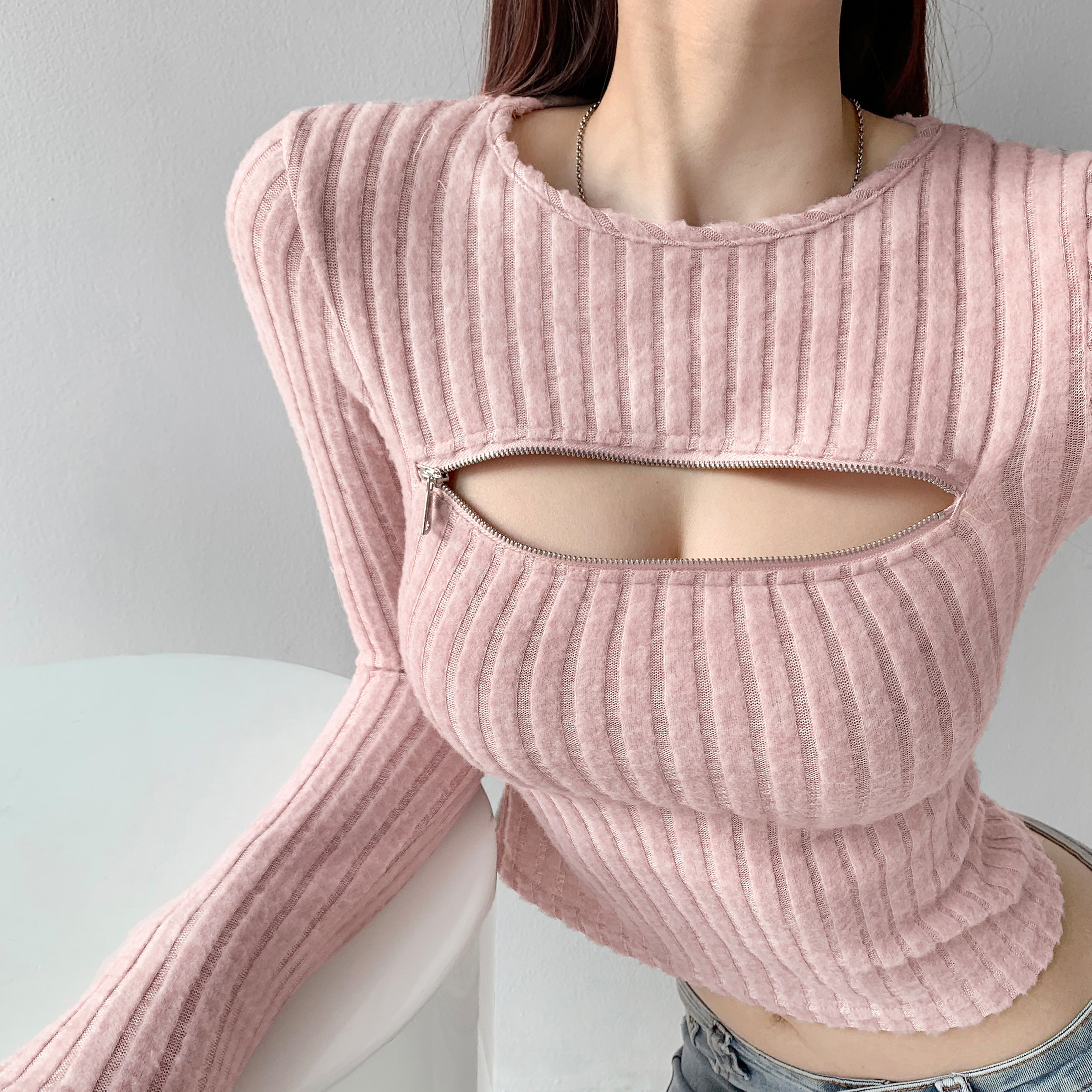 No need to explain, just ok~Sexy and scheming hollow zipper open-breasted bottoming shirt, slim long-sleeved sweater for women