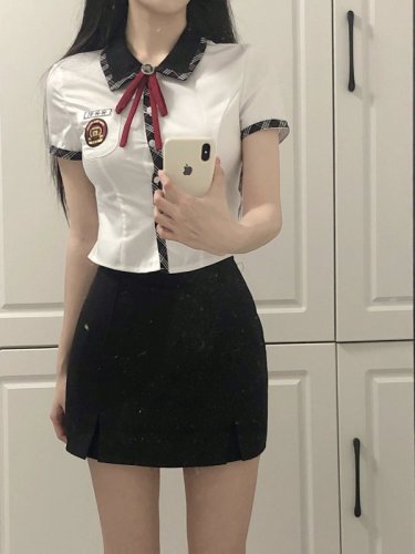 韩系学院风套装女高jk制服衬衫上衣+高腰百褶包臂半身裙