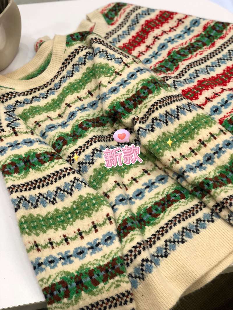 闊色綠色條紋聖誕費爾島毛衣女2023秋冬季新款彩色加厚針織衫上衣
