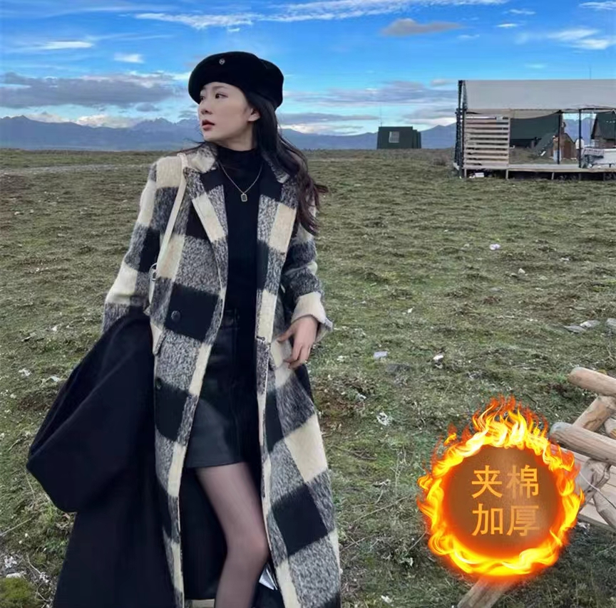 Woolen quilted coat women's coat autumn and winter new high-end plaid British style woolen small medium and long style
