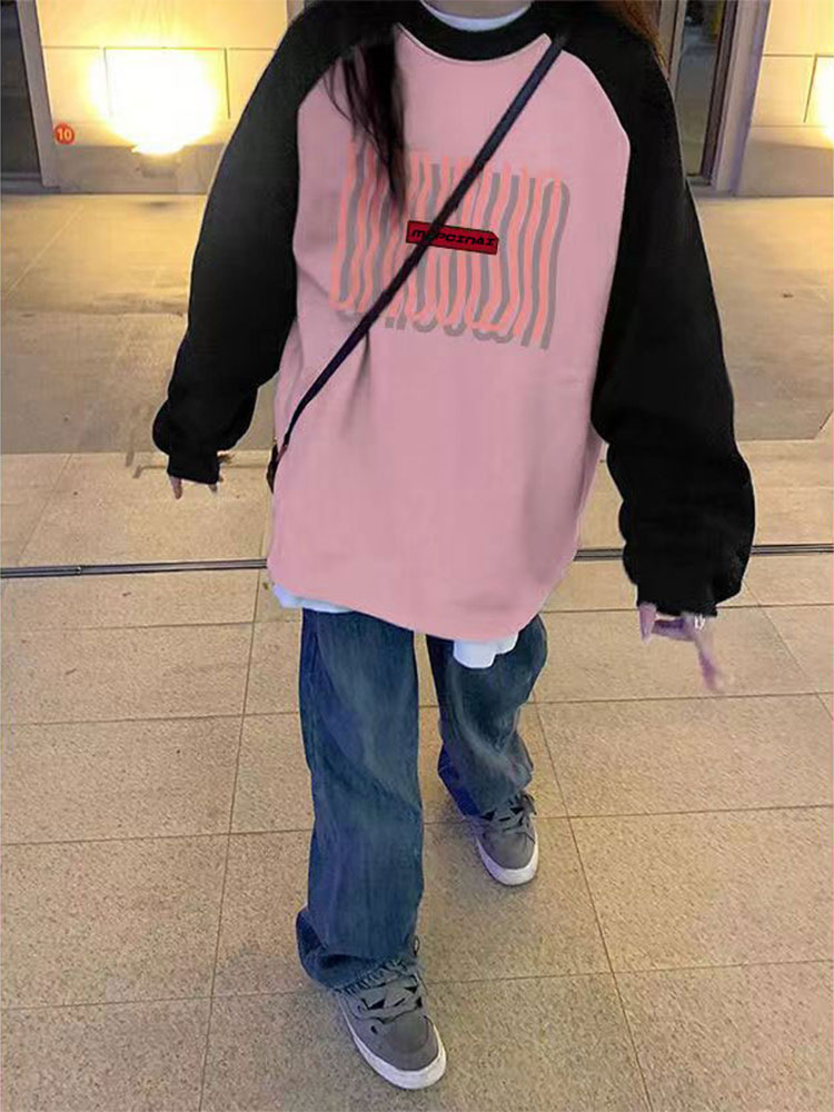 黑粉撞色插肩長袖t恤女2023新款春秋