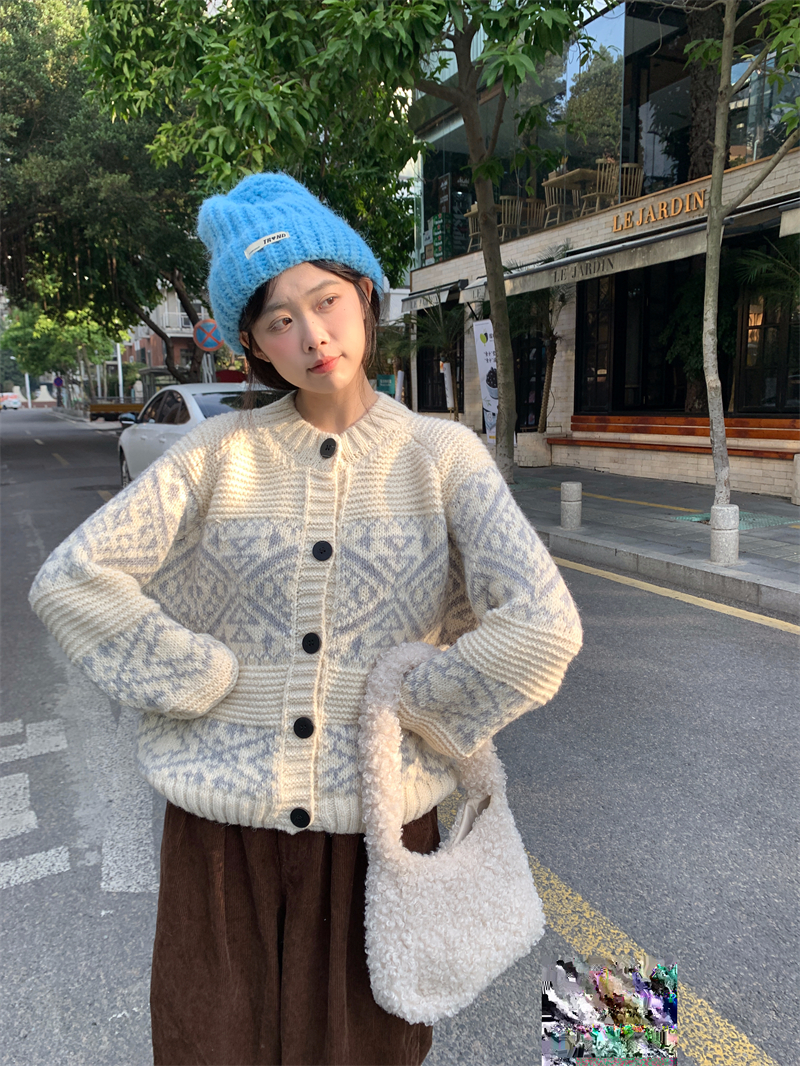實拍 冬季韓版民族風復古撞色提花寬鬆顯瘦外套毛衣開衫女