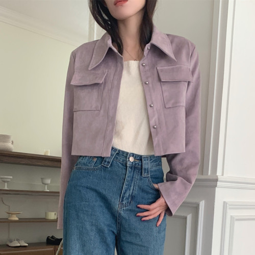 Korean chic autumn classic retro lapel single-breasted loose versatile long-sleeved short buckskin velvet jacket