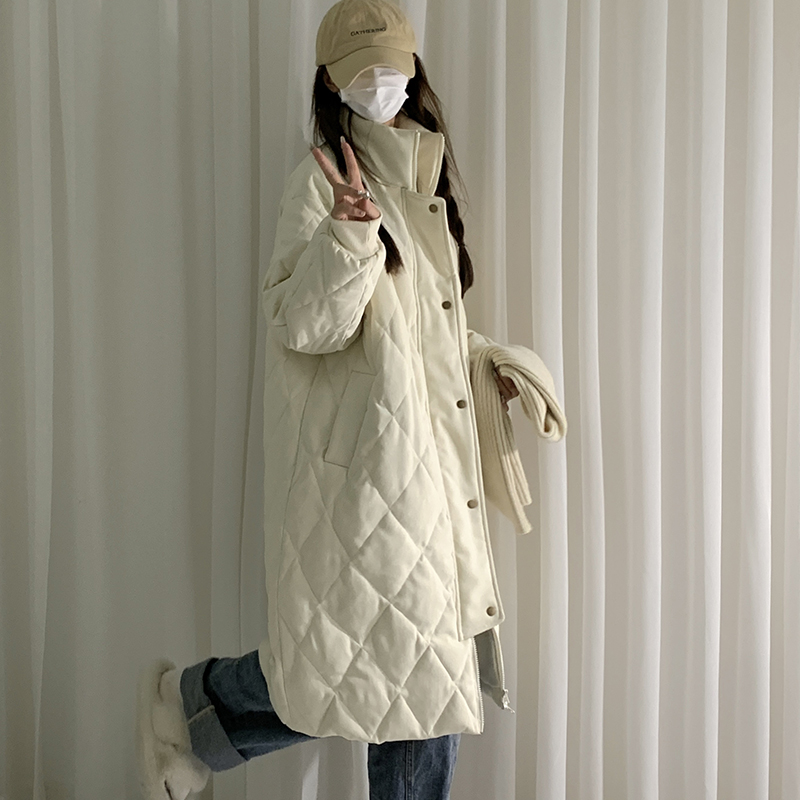 Winter rhombus cotton coat for women 2023 new style mid-length Korean style loose stand-up collar thickened cotton coat trendy