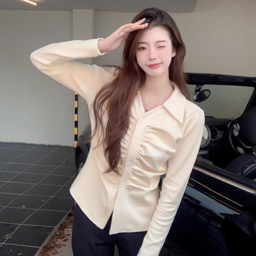 Large size fat MM retro lapel right shoulder waist long sleeve top  autumn and winter new fashion versatile T-shirt for women