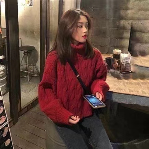 紅色高領麻花毛衣女2023新款網紅套頭寬鬆短款內搭慵懶風秋冬外穿