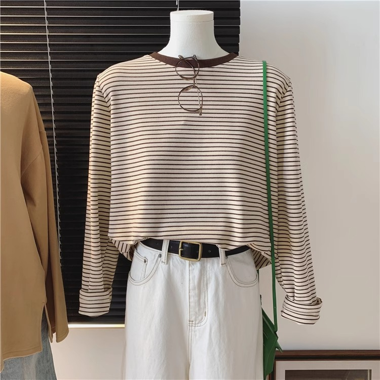 Brushed plush thickened autumn and winter stripes simple casual versatile loose bottoming shirt women's casual long-sleeved T-shirt