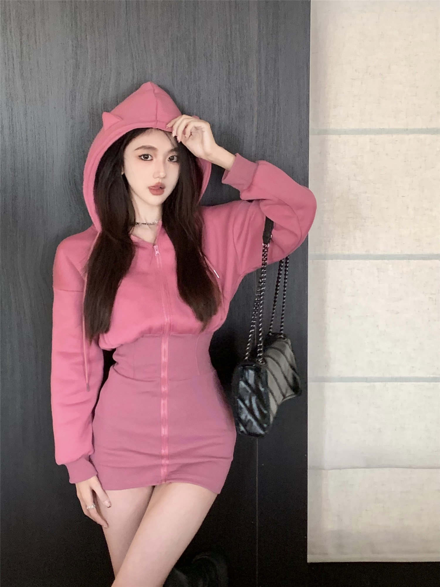 Real shot ~ Elf Barbie Hot Girl Hooded Sweatshirt Dress Long Sleeve Dress Slim Fit Hip Skirt Autumn Winter Skirt