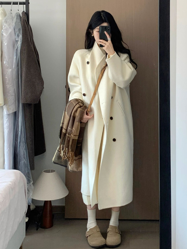 French long double-sided fleece coat for women in winter, high-end and temperament, double-breasted loose outer woolen coat