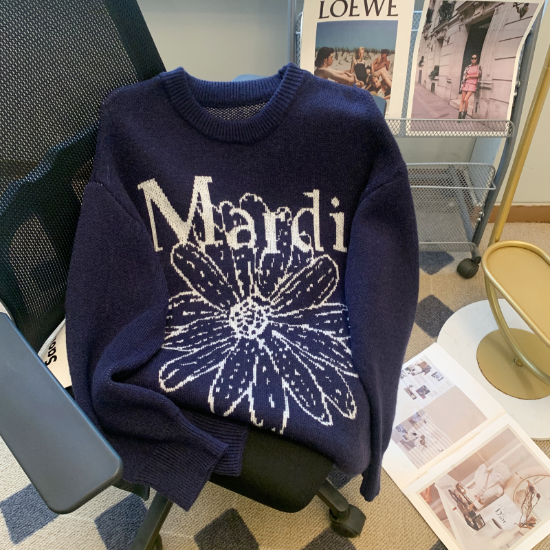 韓國mardi小雛菊厚針織衫毛衣女秋冬慵懶風圓領寬鬆套頭上衣外套