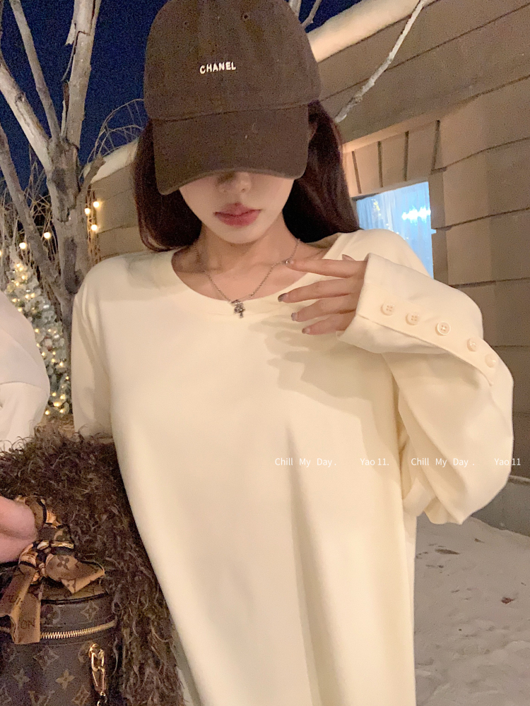 實拍綿綿雲磨毛德絨排扣設計寬鬆慵懶顯瘦長袖t恤打底衫