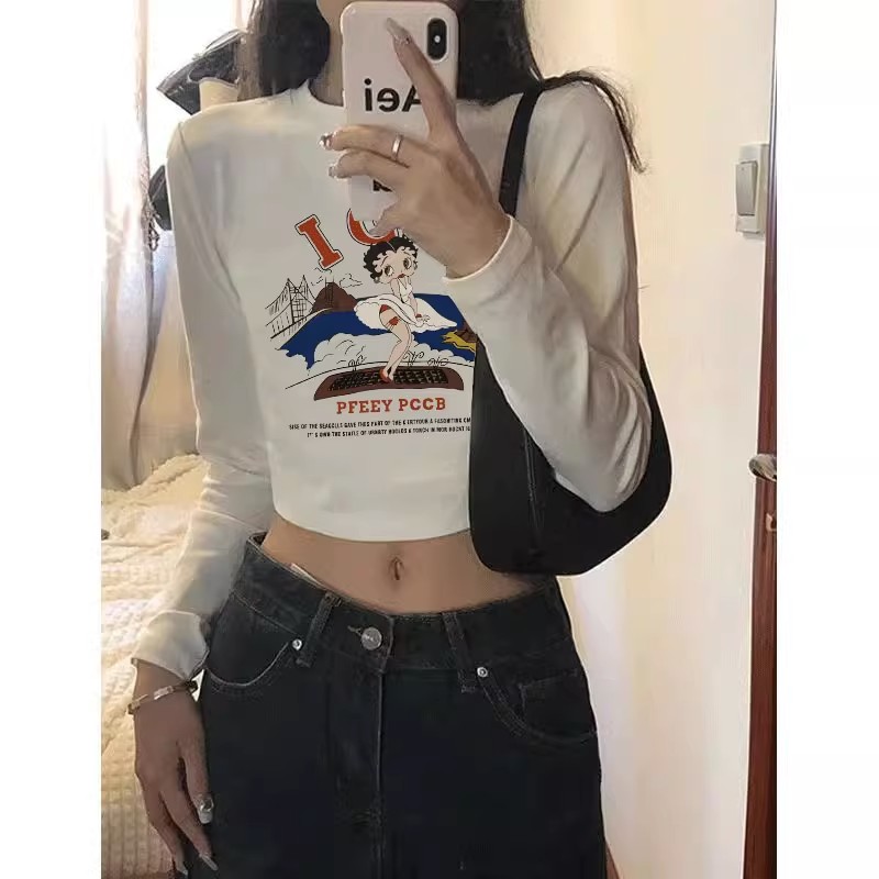 美式復古短款辣妹長袖內搭打底衫女春秋新款緊身顯瘦洋氣上衣