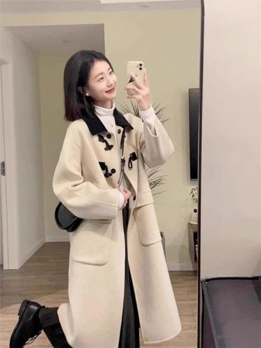 Horn button woolen coat for women autumn and winter high-end loose Korean style for small people  new thick woolen coat