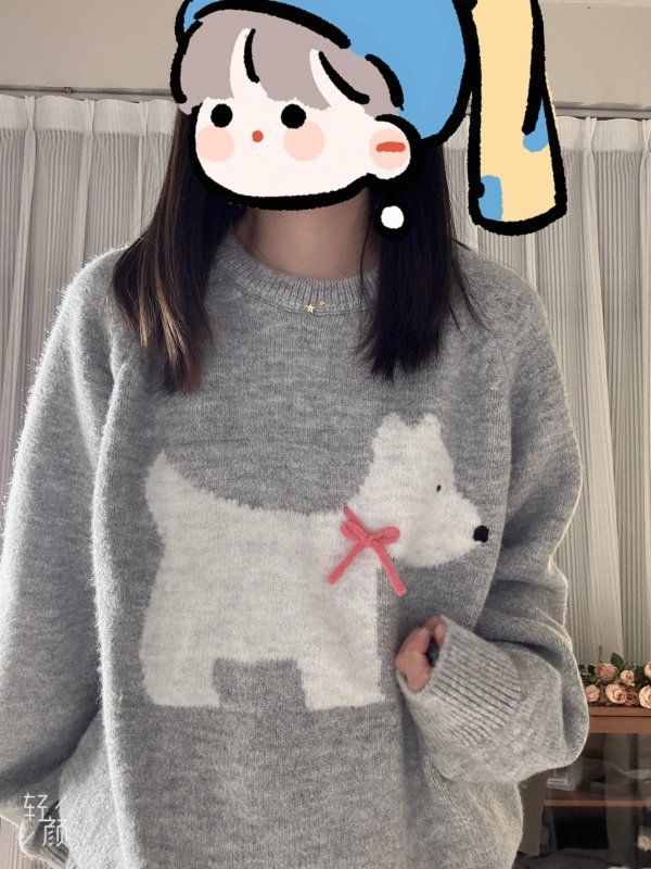 秋冬圓領套頭灰色軟糯可愛小狗毛衣女寬鬆外穿慵懶風內搭上衣