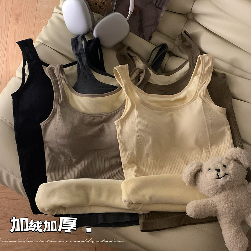 實拍 加絨加厚保暖吊帶背心女帶胸墊修身內搭秋冬打底上衣