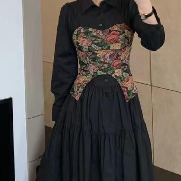 復古高級感襯衫裙子又a有颯赫本風黑色連衣裙疊穿油畫感馬甲穿搭