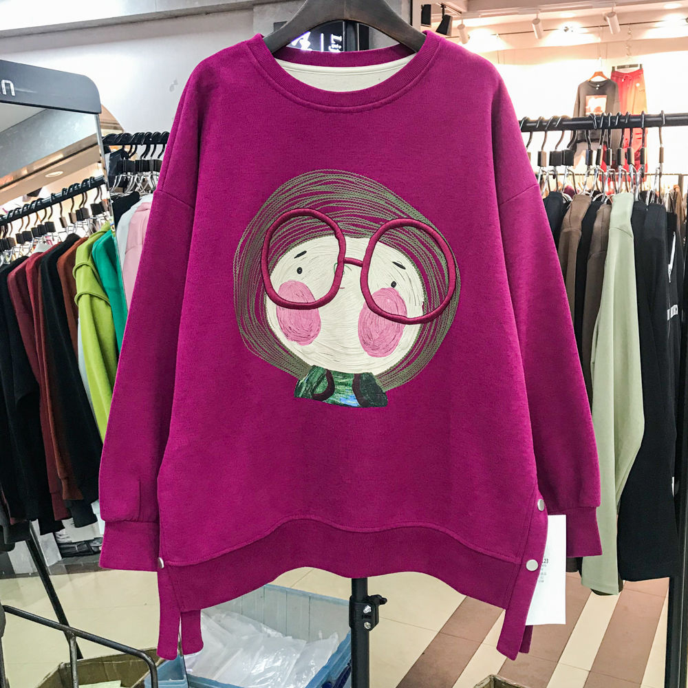 Autumn and winter composite velvet thickened sweatshirt women's embroidered cartoon avatar large size mid-length top