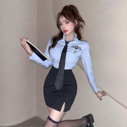 Real shot of stewardess jk uniform suit female summer professional wear long-sleeved tie shirt hip skirt overalls two-piece set
