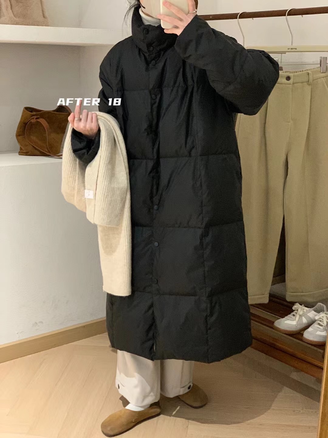 AFTER 18 South Korea Dongdaemun 2023 winter new thickened warm stand-up collar mid-length solid color cotton jacket for women