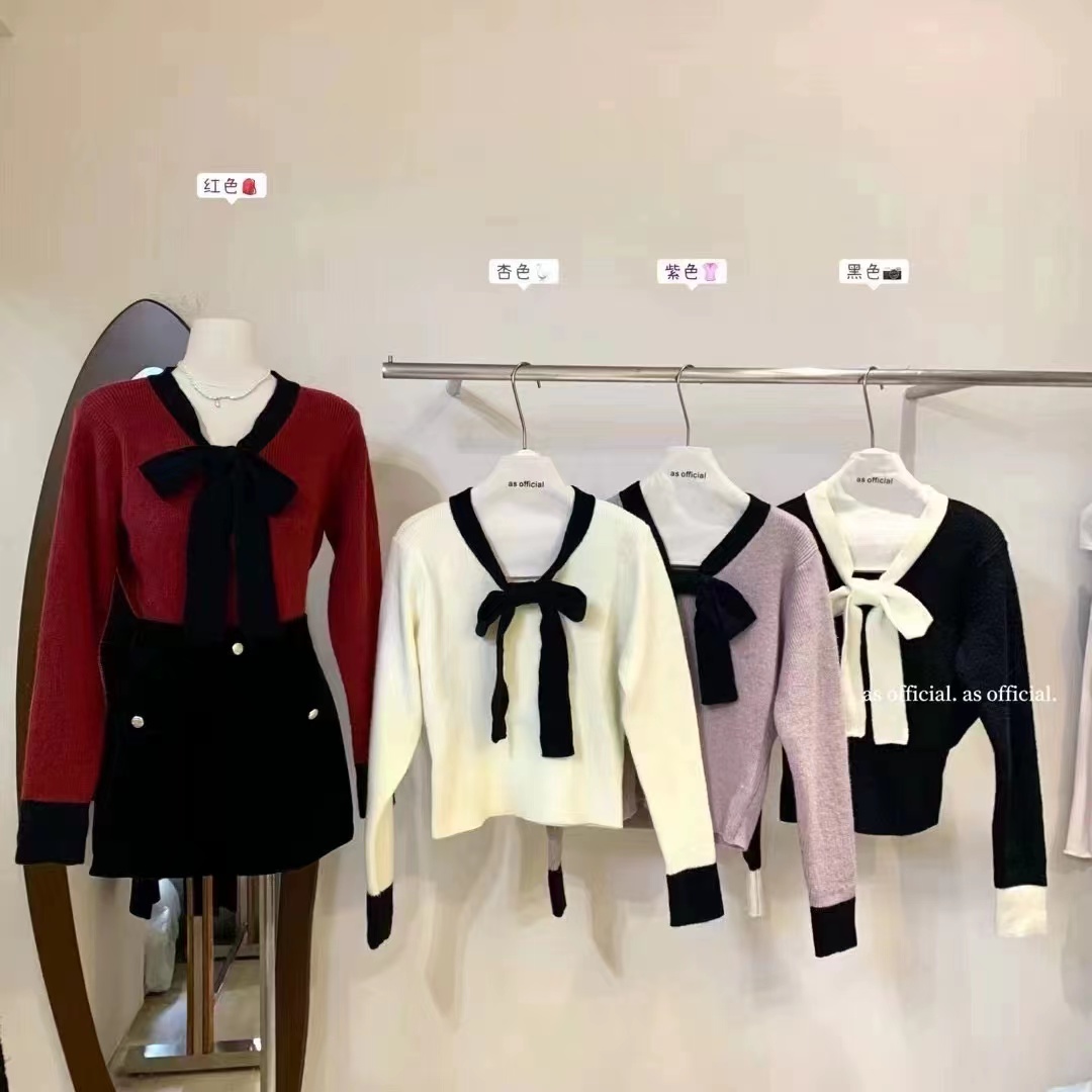 South Korea's Dongdaemun 2023 new autumn and winter Korean style loose contrasting color lace-up bow slimming and versatile pullover sweater