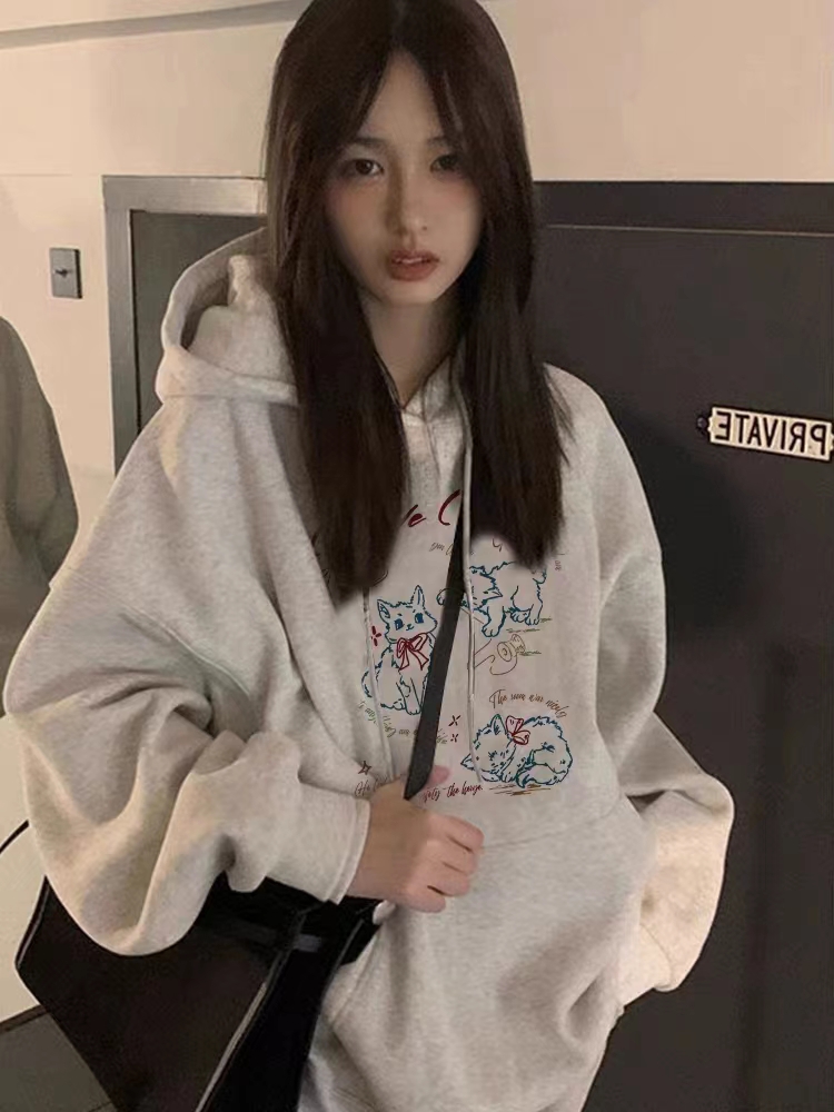 薄款華棉牛奶絲 加絨華棉銀狐絨 印花衛衣女連帽簡約高級感上衣