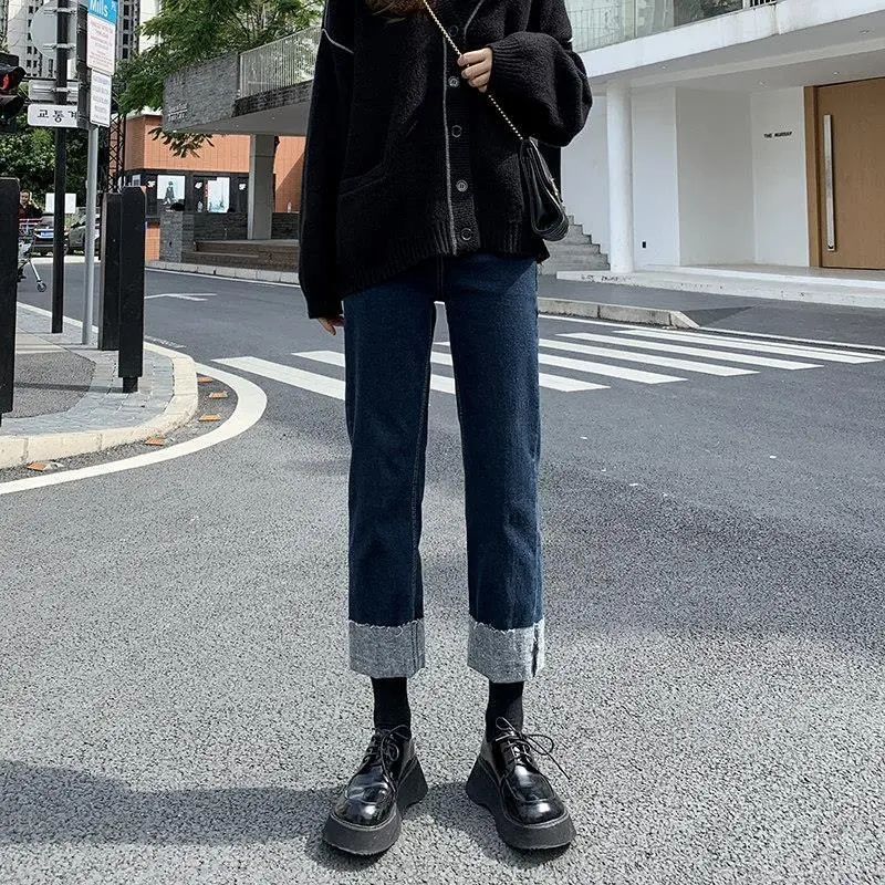 梨形身材煙管褲2023年春新款女卷邊拼接春夏季高腰顯瘦復古牛仔褲