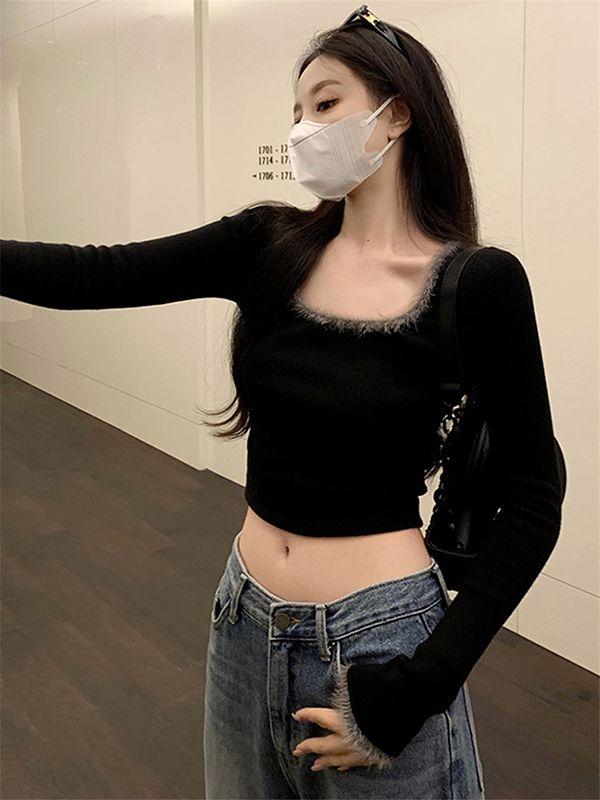 德絨內搭打底衫女秋冬2023新款奶系保暖修身顯瘦短款長袖上衣