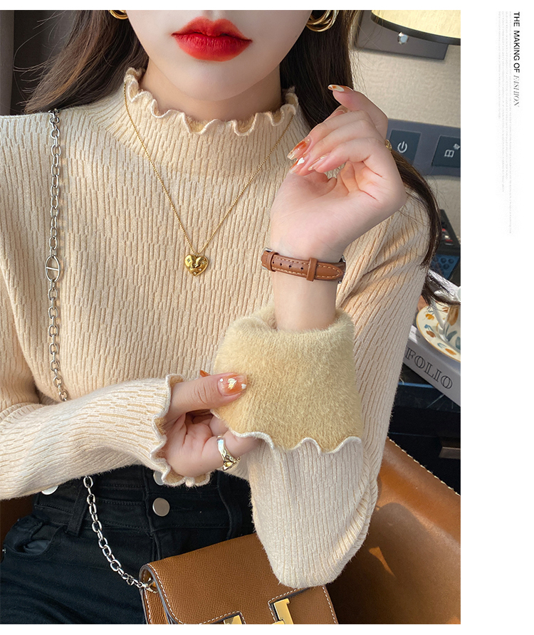 Women's thickened velvet bottoming sweater all-in-one mink velvet half turtleneck with knitted sweater