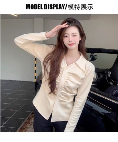 Large size fat MM retro lapel right shoulder waist long sleeve top  autumn and winter new fashion versatile T-shirt for women