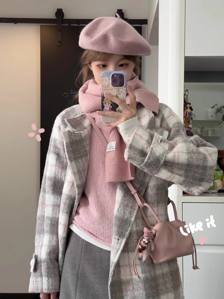 TIDE STUDIOS Korean style gray and pink plaid woolen coat for women winter loose warm temperament top