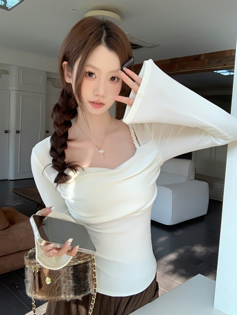 實拍 內搭打底衫設計感不規則盪領長袖T恤修身氣質純欲上衣