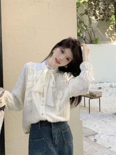 Photographed Autumn New Korean Style Stand Collar Bow Tie Laced Long Sleeve Women's Inner Wear Padded Top