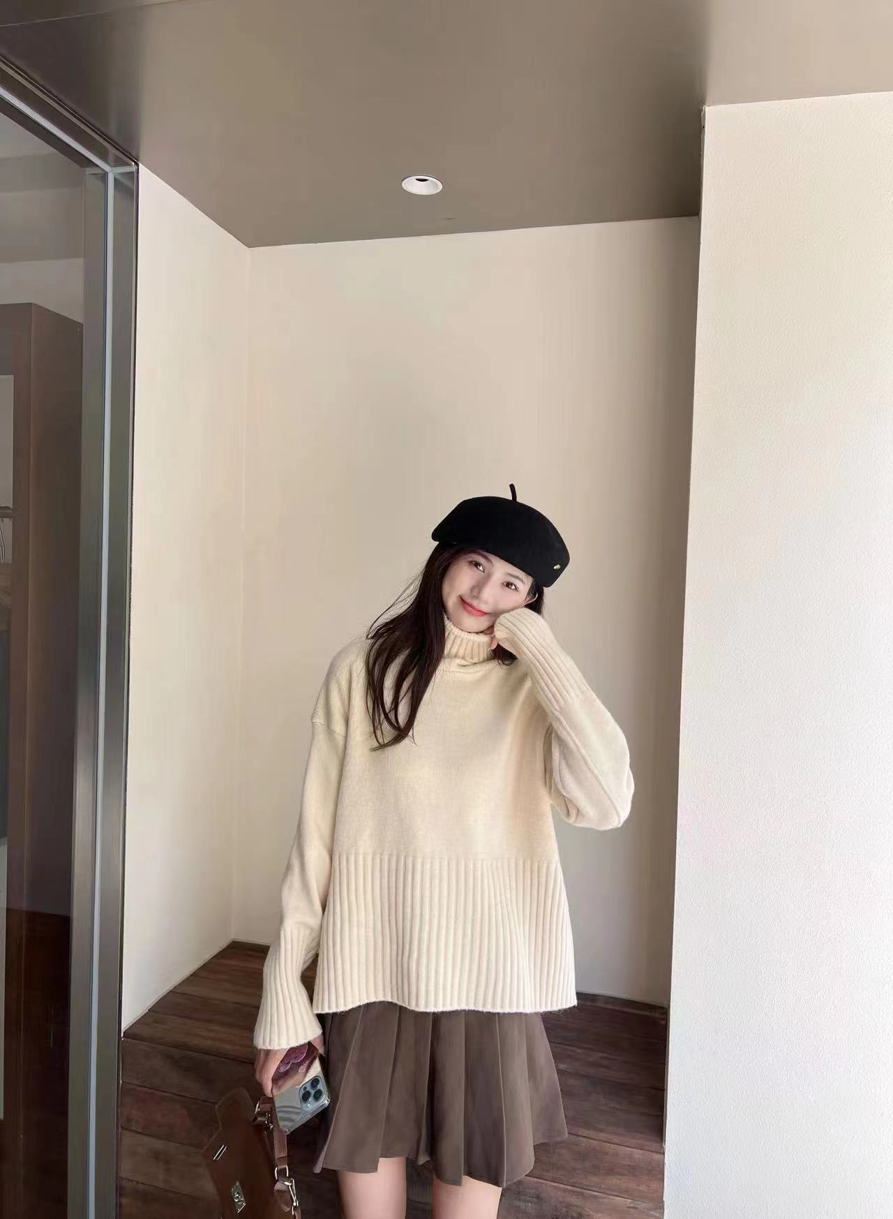 潮牌半高領毛衣女2023秋冬韓版寬鬆百搭外穿慵懶風加厚開叉針織衫