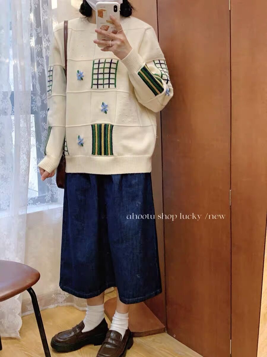 重工手工刺繡花朵拼色毛衣外套女2023冬新款韓系設計感復古上衣