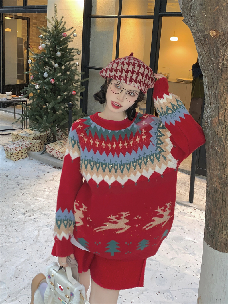 實拍秋冬加厚毛衣針織衫聖誕新年紅色男女情侶款套頭慵懶風